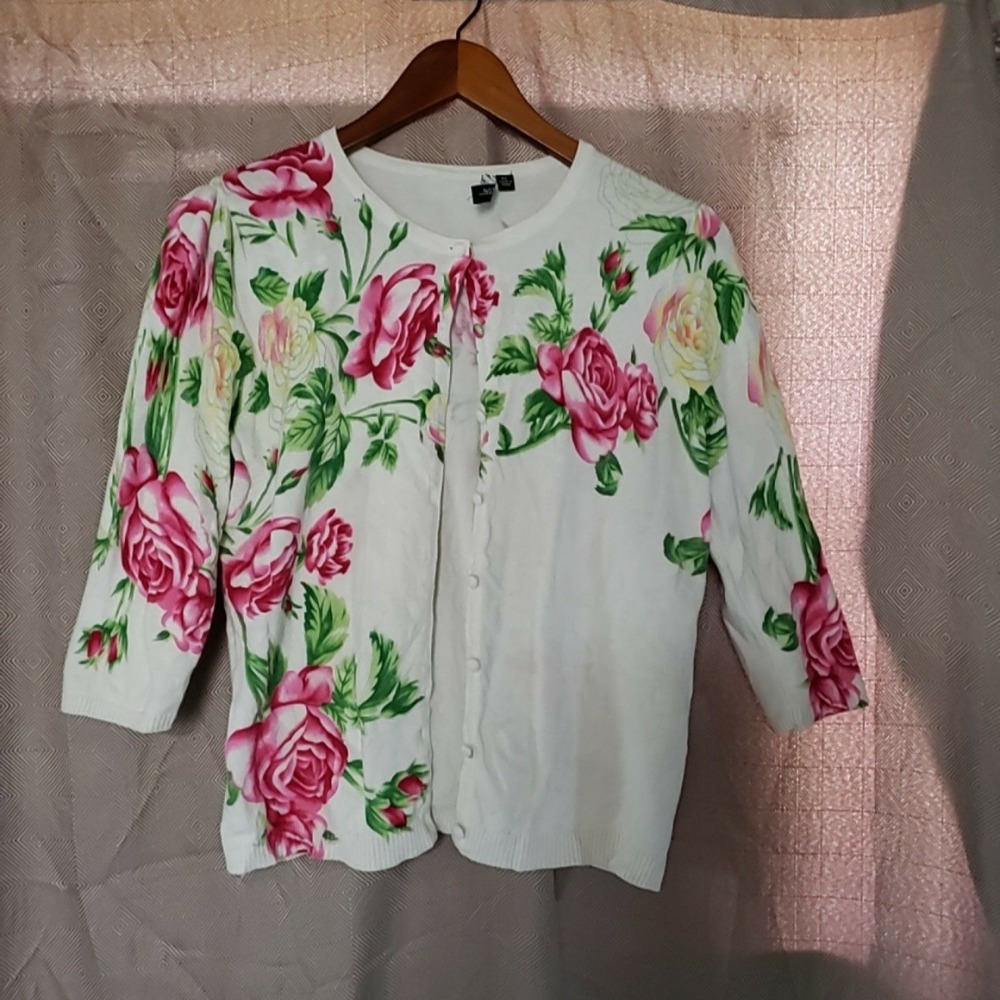 Notations Cardigan Sweater Womens Petite PL White Crew Neck 3/4 Sleeve Floral